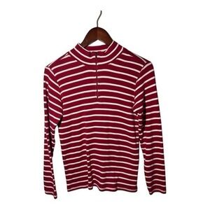 LL Bean Striped Pullover Women XS Red White Quarter Zip Ribbed Knit Mock Neck